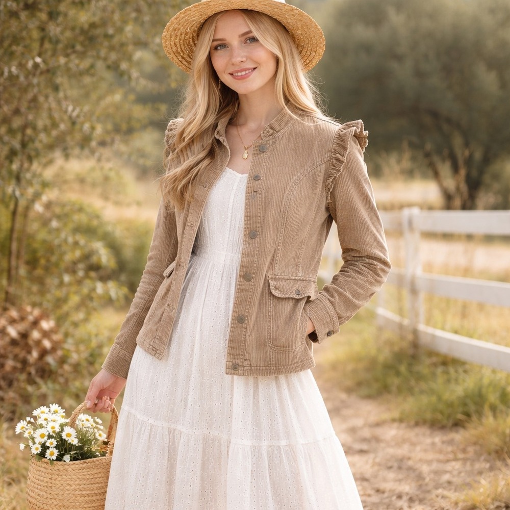 Mazik Corduroy Jacket Women's M Tan Ruffle Prairie Cottagecore Boho Cotton